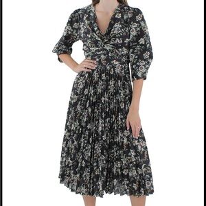 Elie Tahari Floral Pleated Black Midi Dress